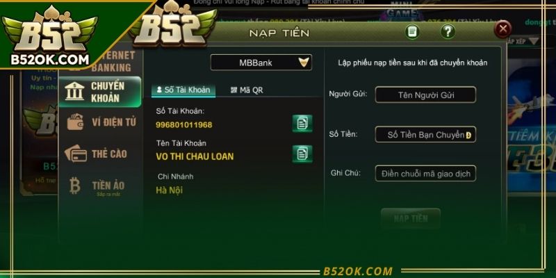  Danh sách các phương thức nạp tiền B52 được hỗ trợ